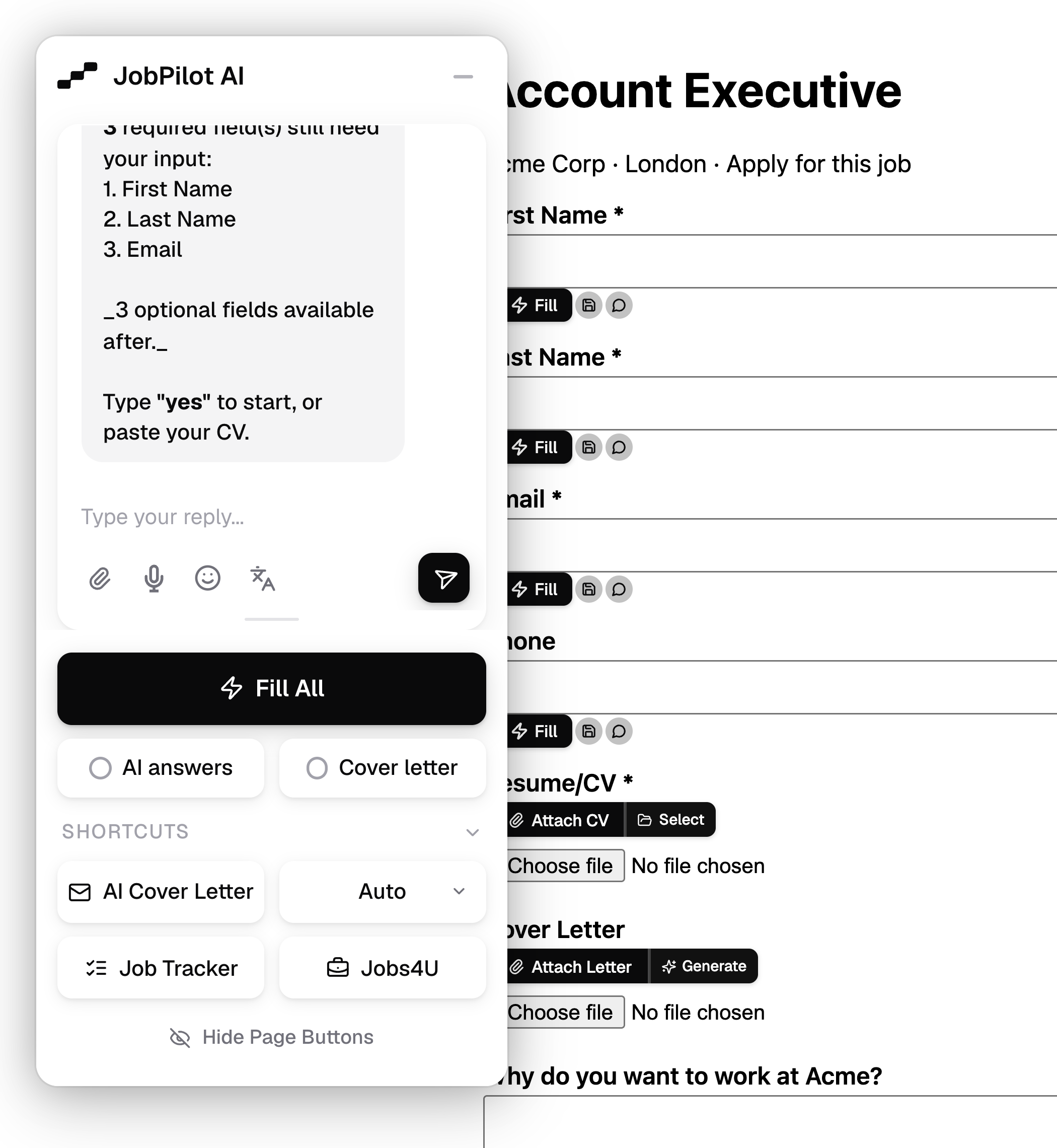 The JobPilot panel beside a job application form, with a Fill All button and Fill buttons on each field
