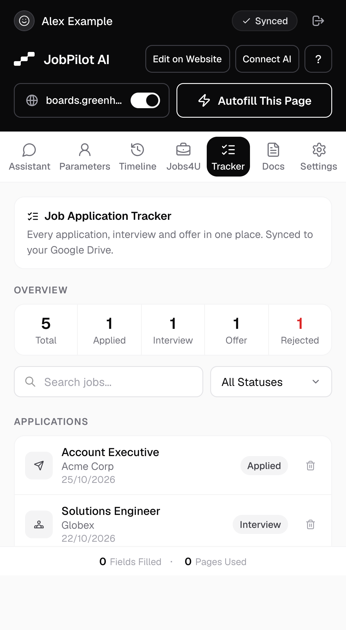 The JobPilot AI extension open on its Tracker tab, with an overview of applications and their status