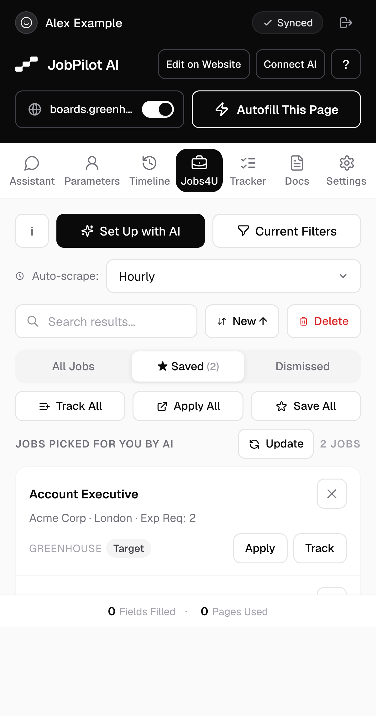 The Jobs4U tab listing roles curated for you, with Apply and Track buttons