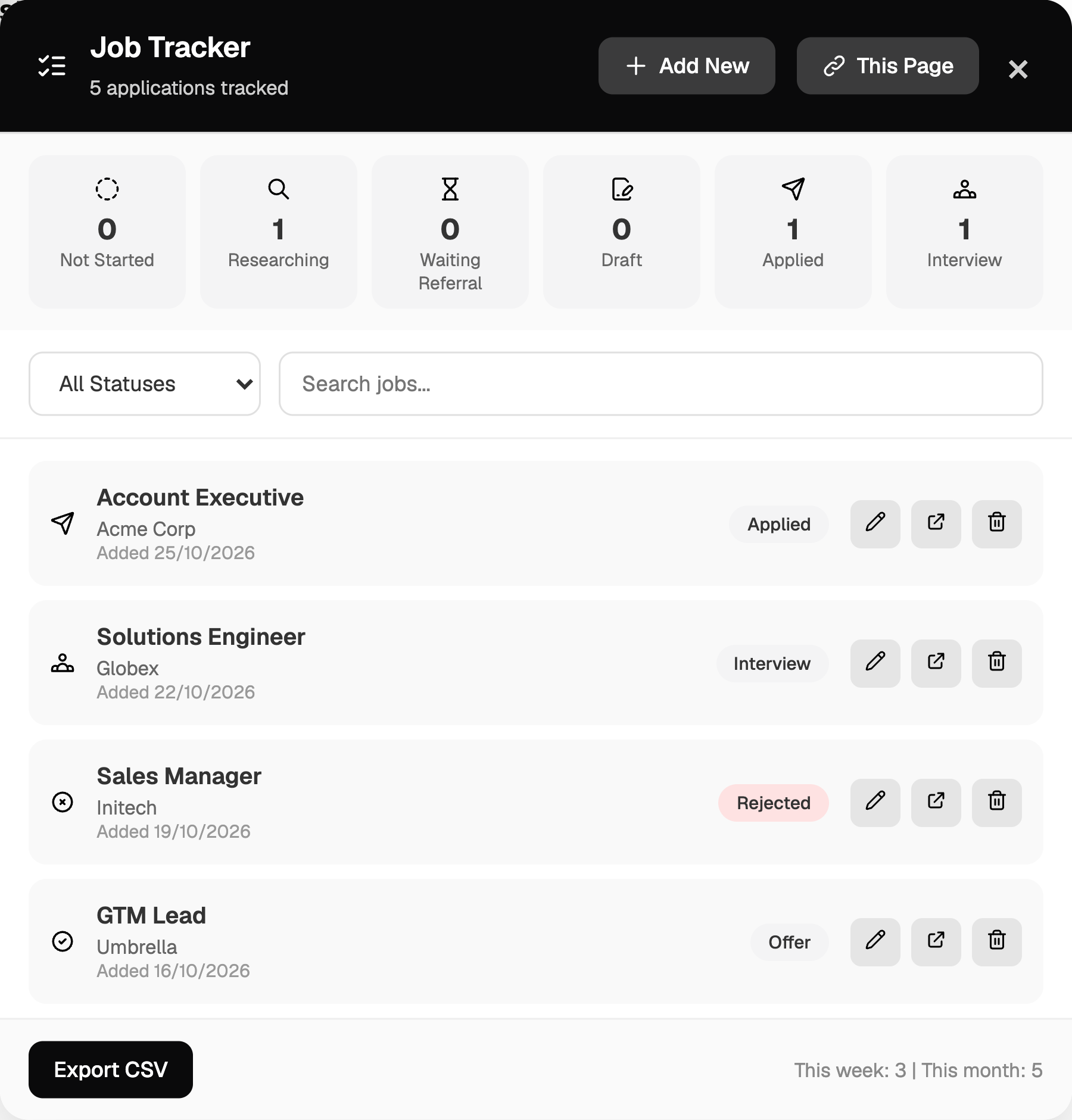 The Job Tracker opened on a job posting, with counts per stage and a list of tracked applications